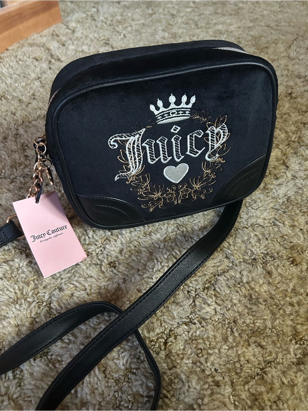 Juicy Couture Black Velour Licorice Heritage Crown Crossbody Camera Bag Purse